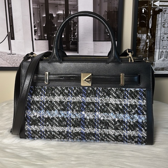 kate spade Handbags - 💃Kate Spade Deco Plaid Tweed Medium Satchel Elegant Black and Blue Tweed Handbag